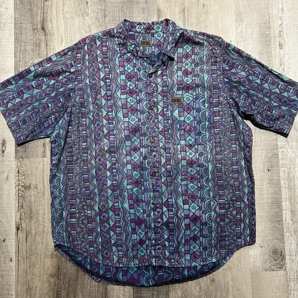 VTG Sideout Geometric Abstract Surfer Skater Button Shirt Tribal Blue Purple XL